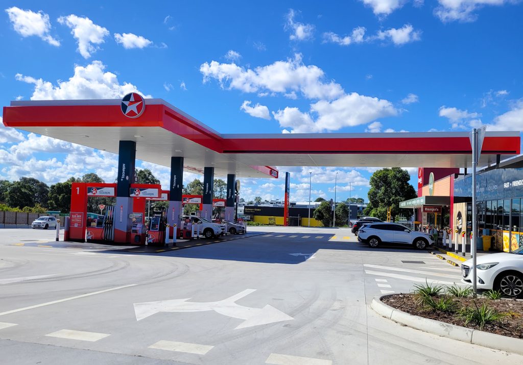 Petrol Station, Industrial, Building, Caltex, Red, White and blue colours.