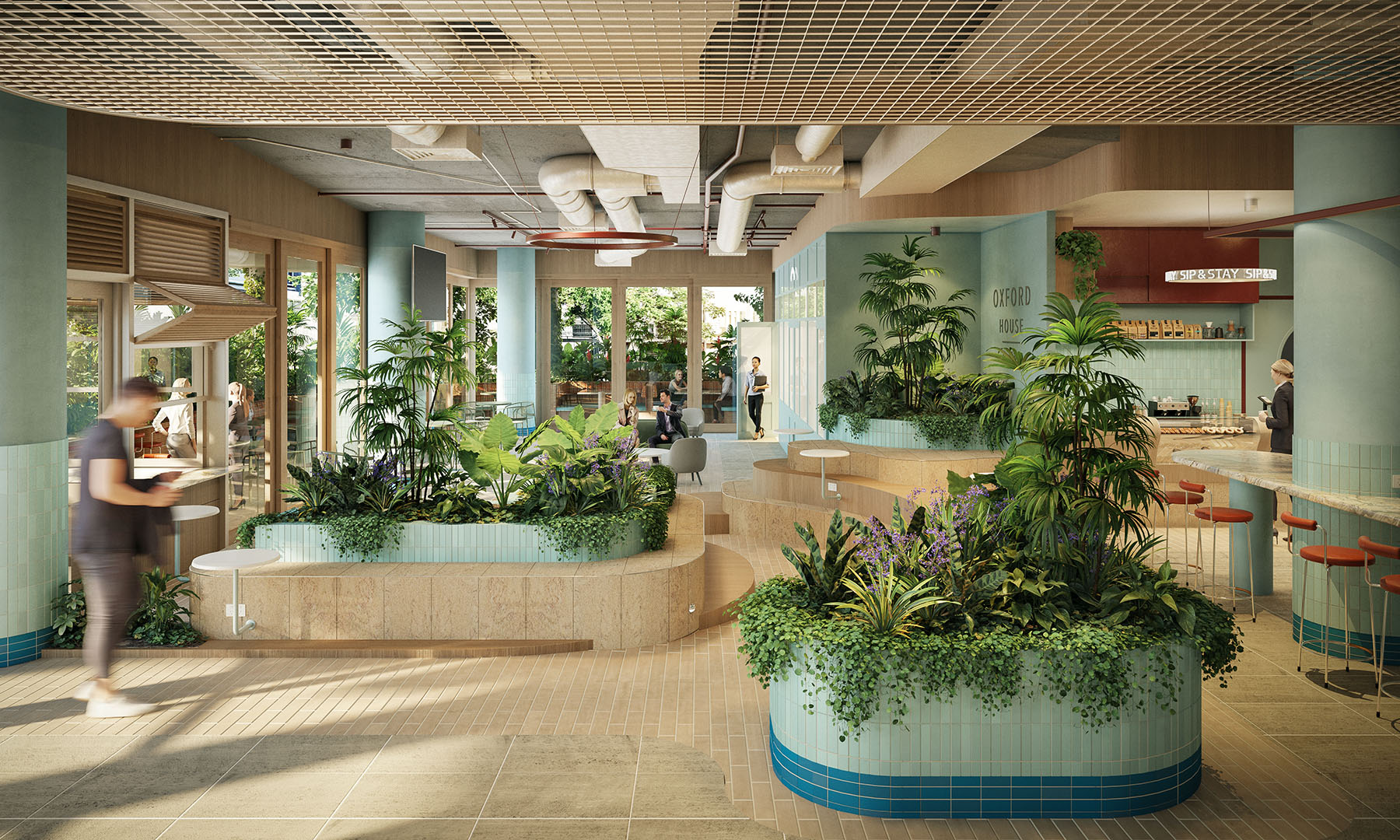 Interior view of a multi-residential building featuring integrated planting throughout, with a palette of beige and green tones.
