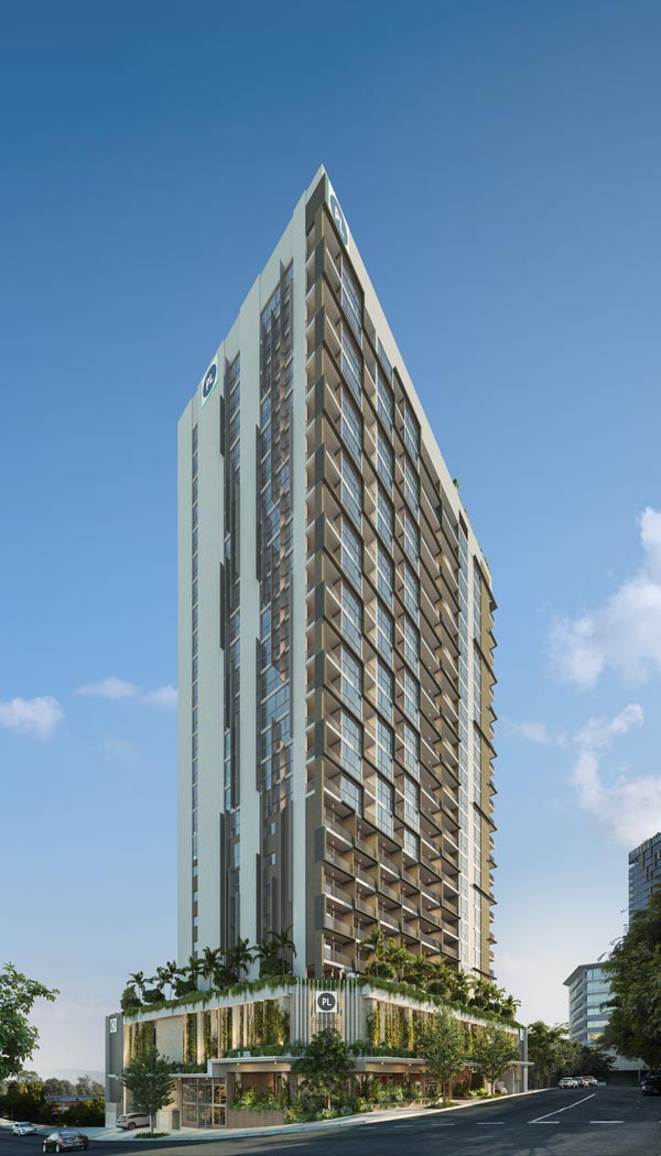 Hero shot from street level looking up at the 25 storey tower